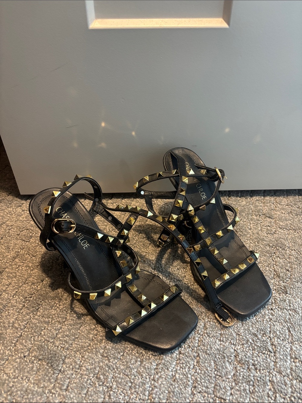 Chase + Chloe Black Studded Strappy Heels with Gold Accents
